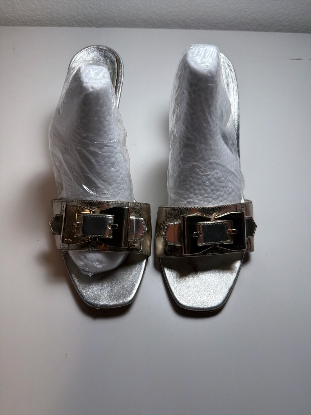 Gucci Metallic Silver Buckle Slide Sandals - Women